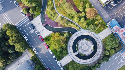 High angle view of street amidst trees in city