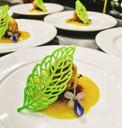 High angle view of vegetables in plate on table