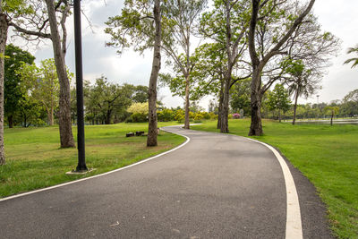 Empty road amidst trees against sky