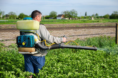 A farmer sprays chemicals on a potato plantation field. control of use of chemicals growing food.