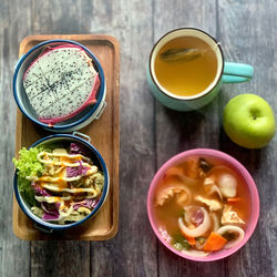 High angle view of breakfast on table