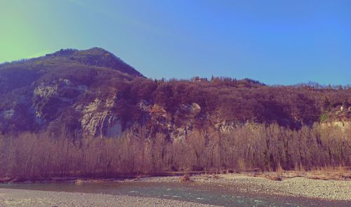 Scenic view of landscape against clear blue sky