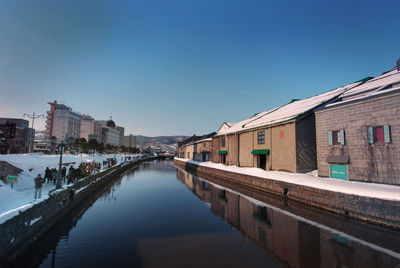 Canal amidst buildings against clear sky