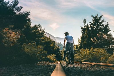 Rear view of man riding bicycle on railroad track amidst trees against sky