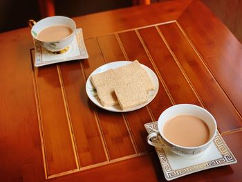 High angle view of breakfast on table