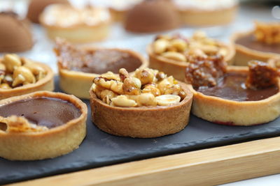 Close-up of desserts served