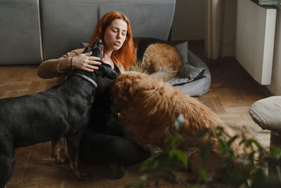 Ginger woman with three dogs cuddling on the floor pets friends at home with human. big dogs german