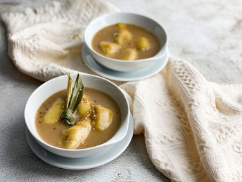 High angle view of soup in bowl on table