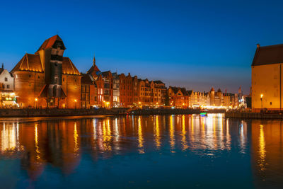 Reflection of buildings in city at dusk