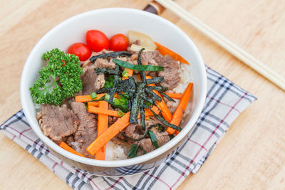 High angle view of vegetables in bowl on table