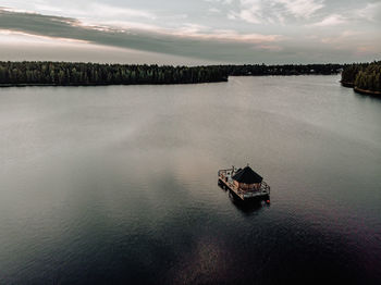 High angle view of ship sailing in sea against sky