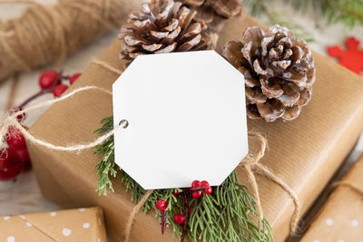 Close-up of christmas decorations on table