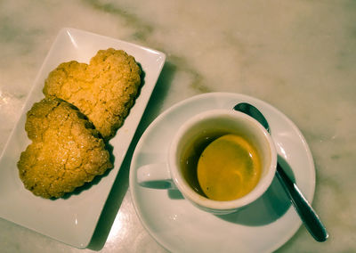 High angle view of breakfast served on table