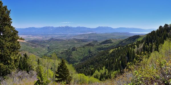 Wasatch front rocky mountains from the oquirrh mountains utah lake and great salt lake valley usa.