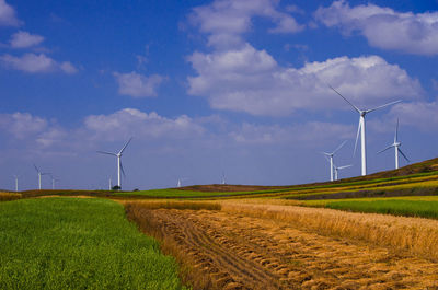 Windmills on field against sky