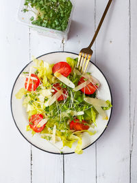 High angle view of food in plate on table