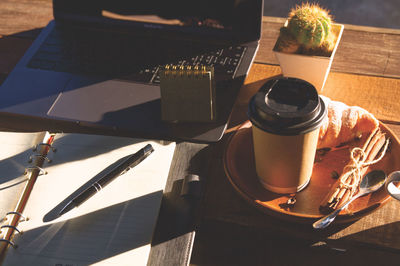 High angle view of objects on table