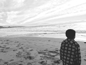 Rear view of man on beach against sky