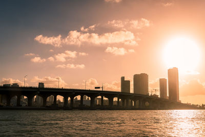 Bridge over river in city against sky during sunset