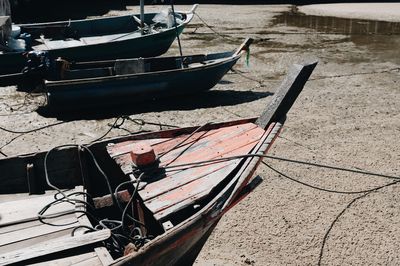 High angle view of boat moored on shore