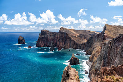 Panoramic view of sea and rocks against sky