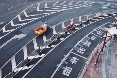 High angle view of people on road