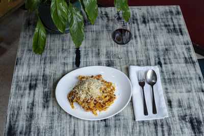 High angle view of breakfast served on table
