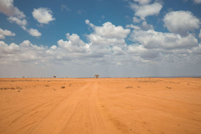 A dirt road in the open horizons at chalbi desert in marsabit county, kenya