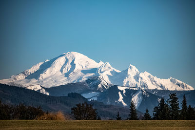 Scenic view of snowcapped mountains against blue sky