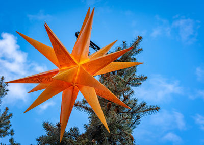 Low angle view of christmas tree against blue sky