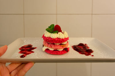 Close-up of hand holding ice cream in plate