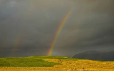 Rainbow over field against sky