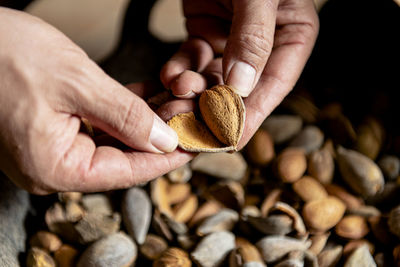 Close up of male hands holding a heart shaped raw almond.