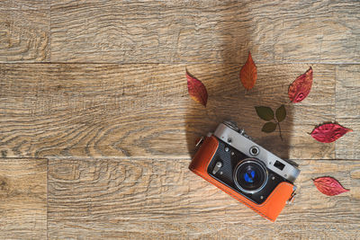 High angle view of camera on table