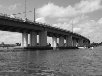 Bridge over river against sky in city