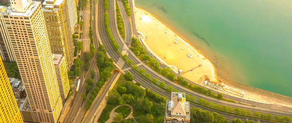 High angle view of boats in sea ,chicago city,usa