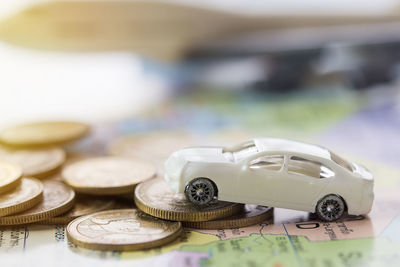 Close-up of coins on table