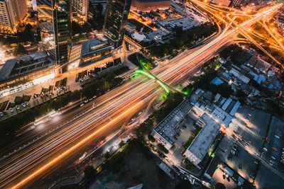 High angle view of light trails on city street