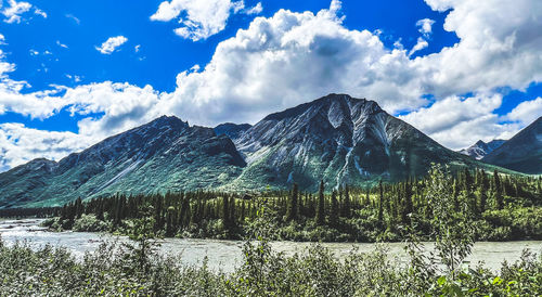 Scenic view of snowcapped mountains against sky