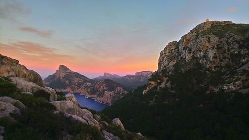 Scenic view of mountains at sunset