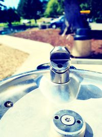 High angle view of faucet on table