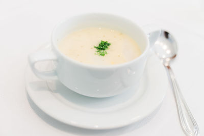 High angle view of soup in bowl on table