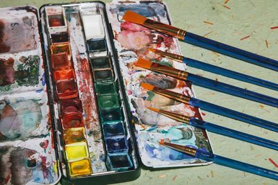 High angle view of paintbrushes on table