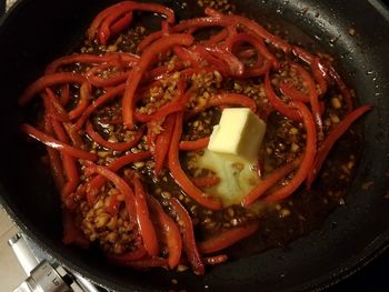 High angle view of chopped tomatoes in plate