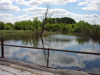 Scenic view of lake in forest against sky