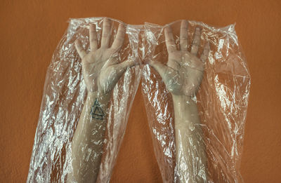 Close-up of hands covered with plastic bag 