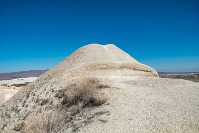 Low angle view of land against clear blue sky