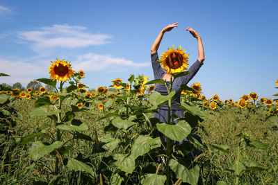 Woman dancing and playing behind a sunflower in a field, summer