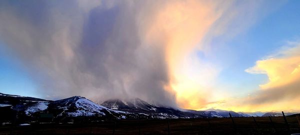 Scenic view of snowcapped mountains against sky during sunset