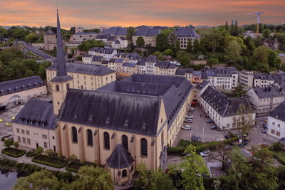 View on old town and corniche in luxembourg city from top view by sunset